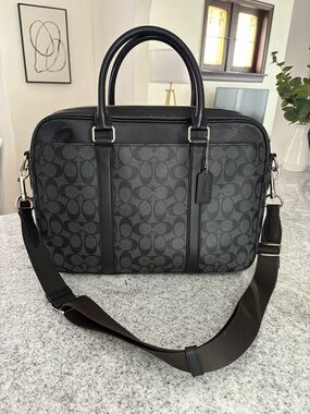 COACH Perry Slim briefcase in SIGNATURE charcoal black career messenger bag